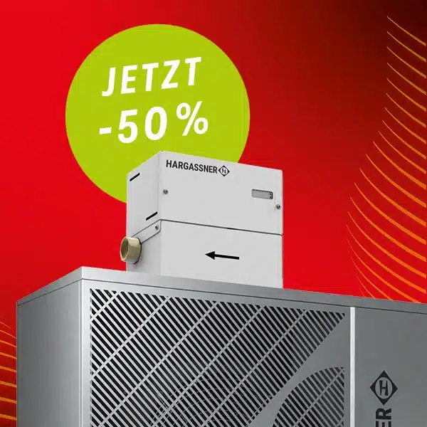 Werbegrafik: Wärmepumpe AirPro und Blackout-Frostschutzmodul vor rotem Hintergrund, grüner Button mit „JETZT -50 %“